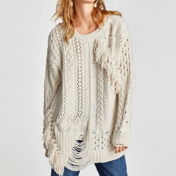 Zara Knit Fringe Distressed Sweater 